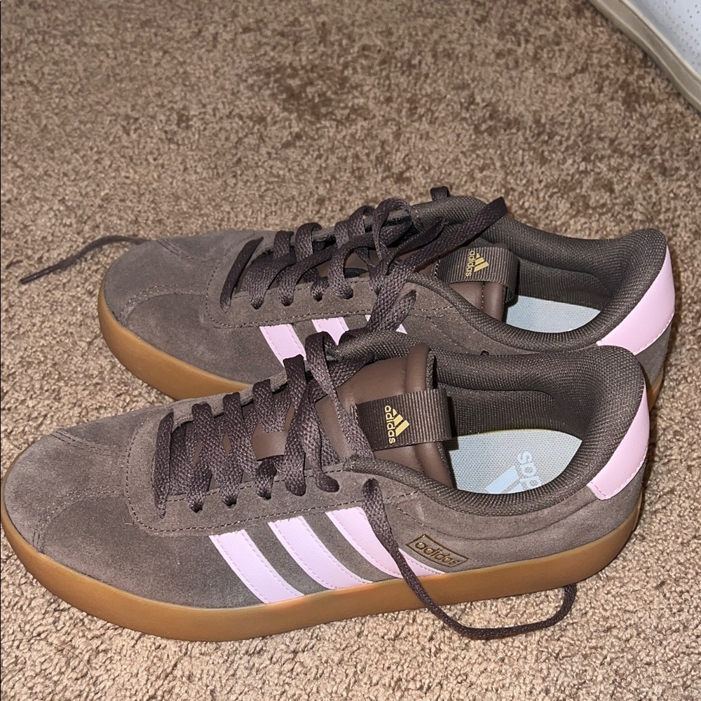 adidas Brown Suede Sneakers with Pink Stripes and Gum Sole